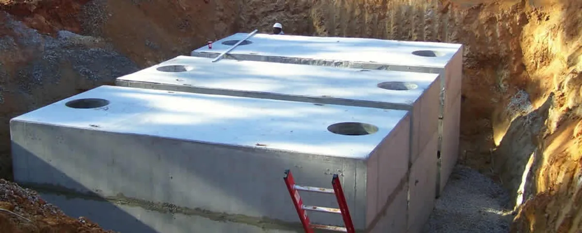 Septic tank installation site with a newly placed concrete tank in Burlington, MA