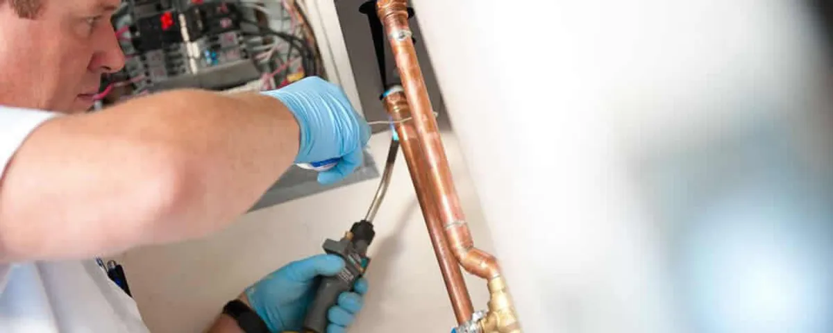 Water heater repair technician testing copper pipe connections and controls in Burlington, MA